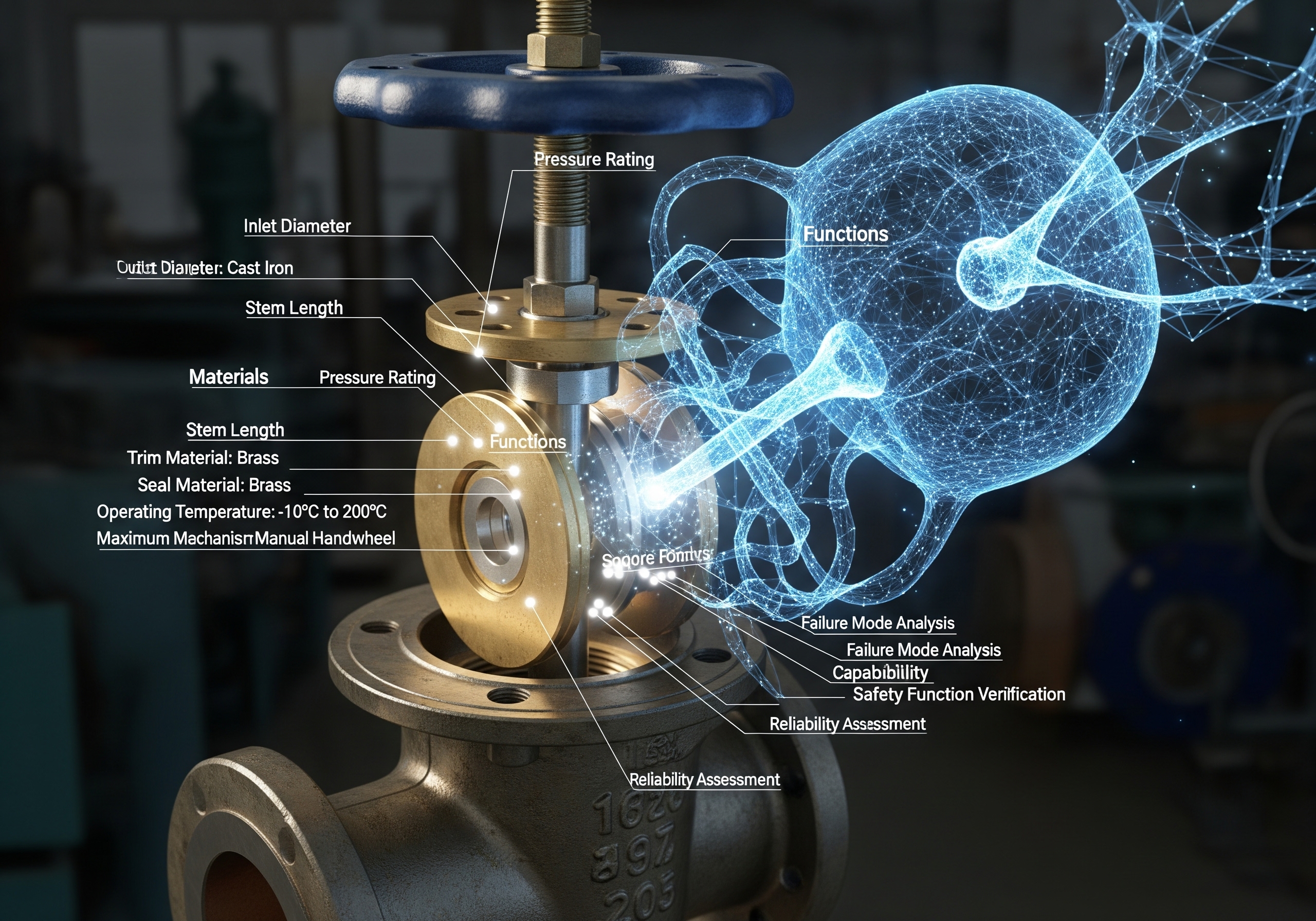 An AI-enhanced view of an industrial valve, symbolizing faster part availability.
